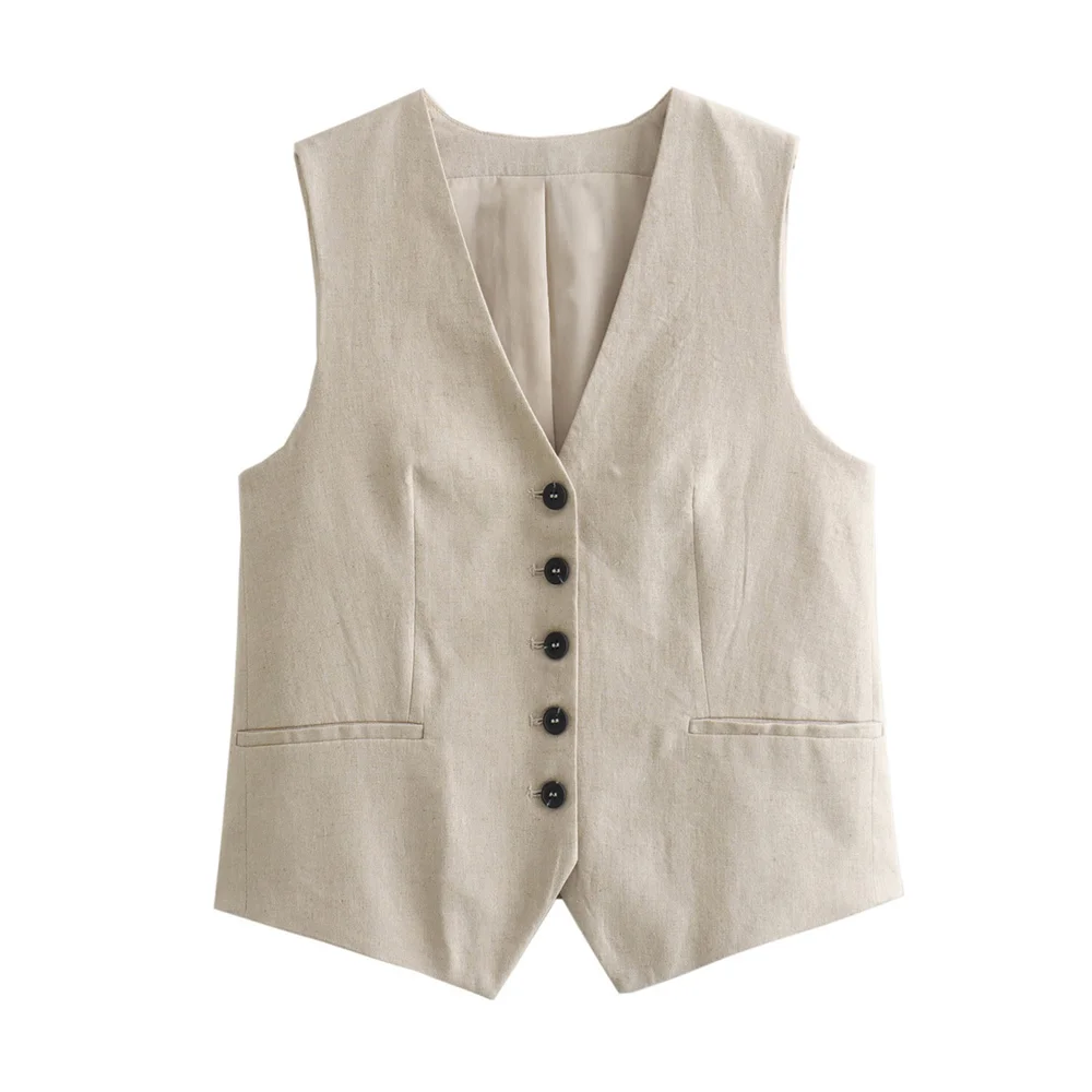 Beige linen vest, a timeless summer wardrobe essential for refined style.