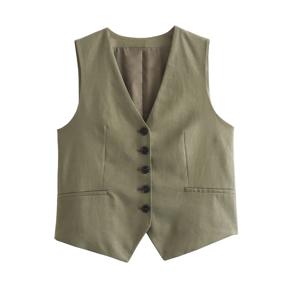 Khaki linen vest, showcasing a classic and minimalist design for effortless styling.