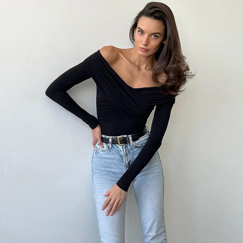 Trendy black off-shoulder corset bodysuit, adding sophistication to any wardrobe