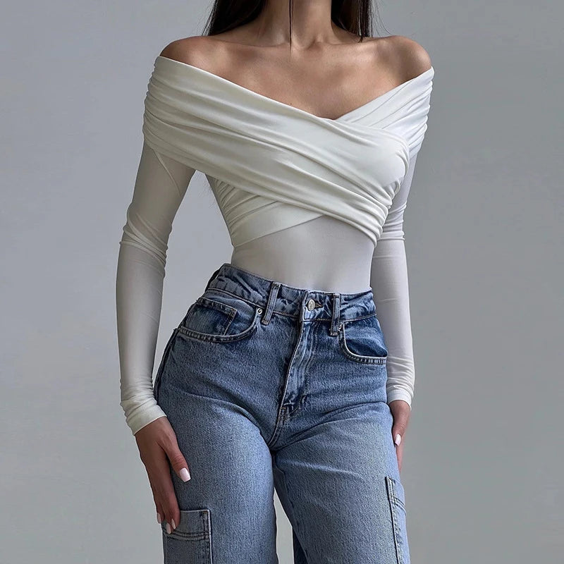 Trendy off-shoulder white corset bodysuit, ideal for fashionable outfits