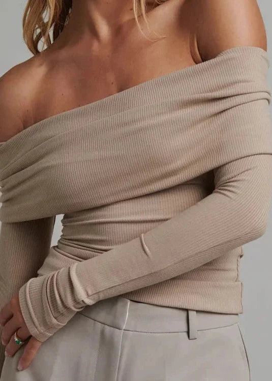 Front view of Beige Off-Shoulder Long Sleeve Knitted Tee showcasing the stylish slash neck design