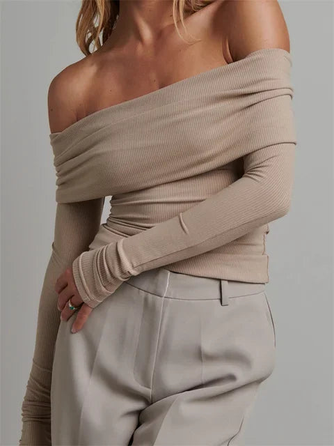Side view of Off-Shoulder Long Sleeve Knitted Tee, showcasing the fitted design and full-length sleeves.