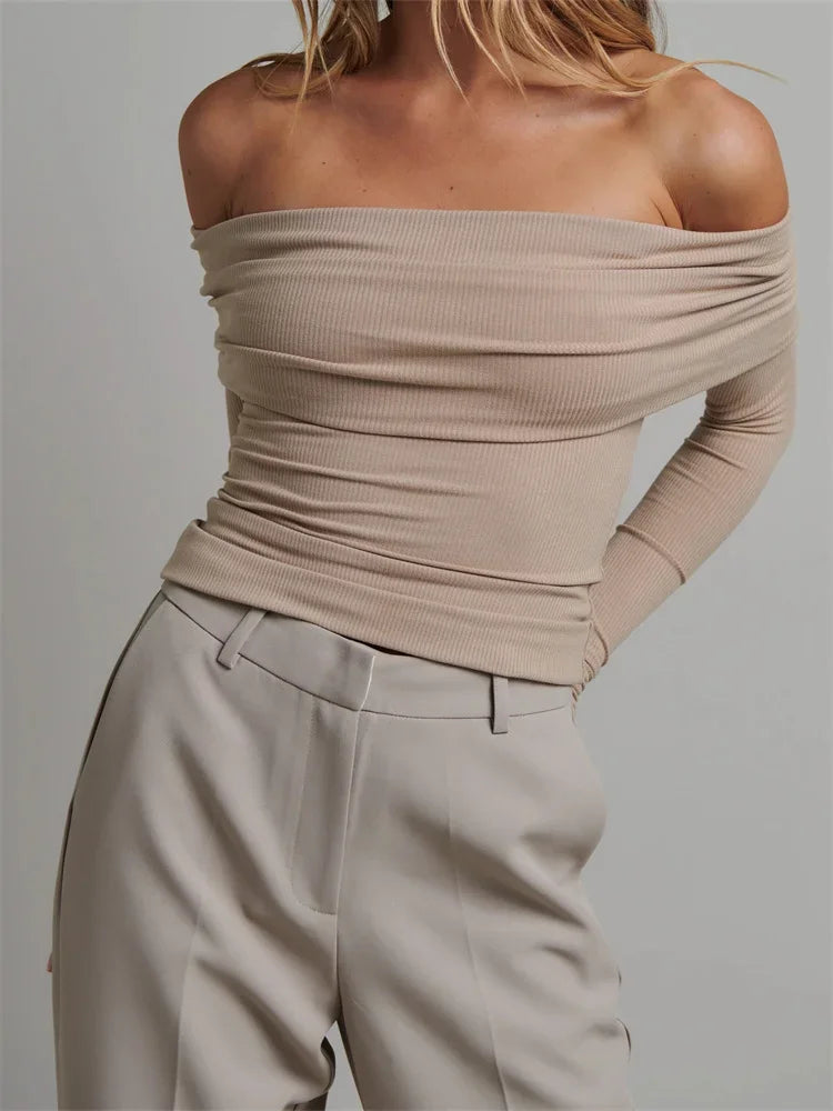 Zoomed-in view of the slash neck detail on Off-Shoulder Long Sleeve Knitted Tee.