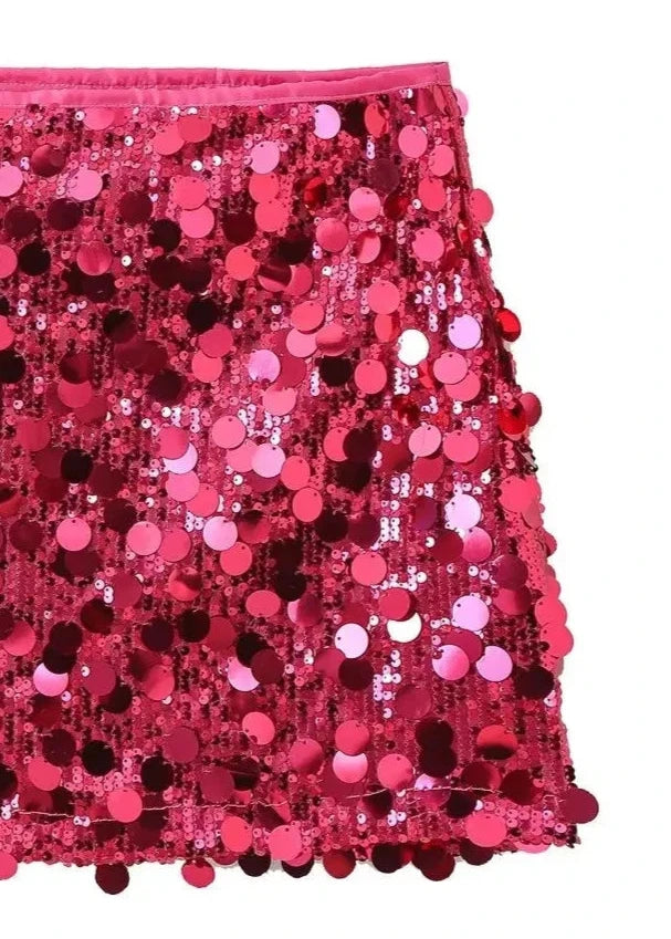 Pink sequined mini skirt with a trendy high-waist A-line design for chic party looks.