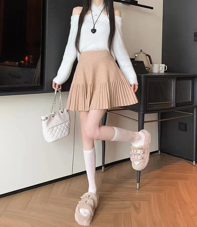 Dark Apricot Pleated Mini Skirt styled on model, ideal for a fresh and trendy autumn outfit.