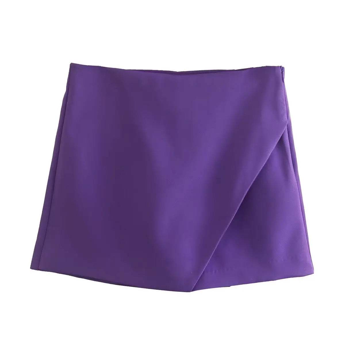 Purple asymmetrical high-waist skort, perfect for bold and elegant styling.