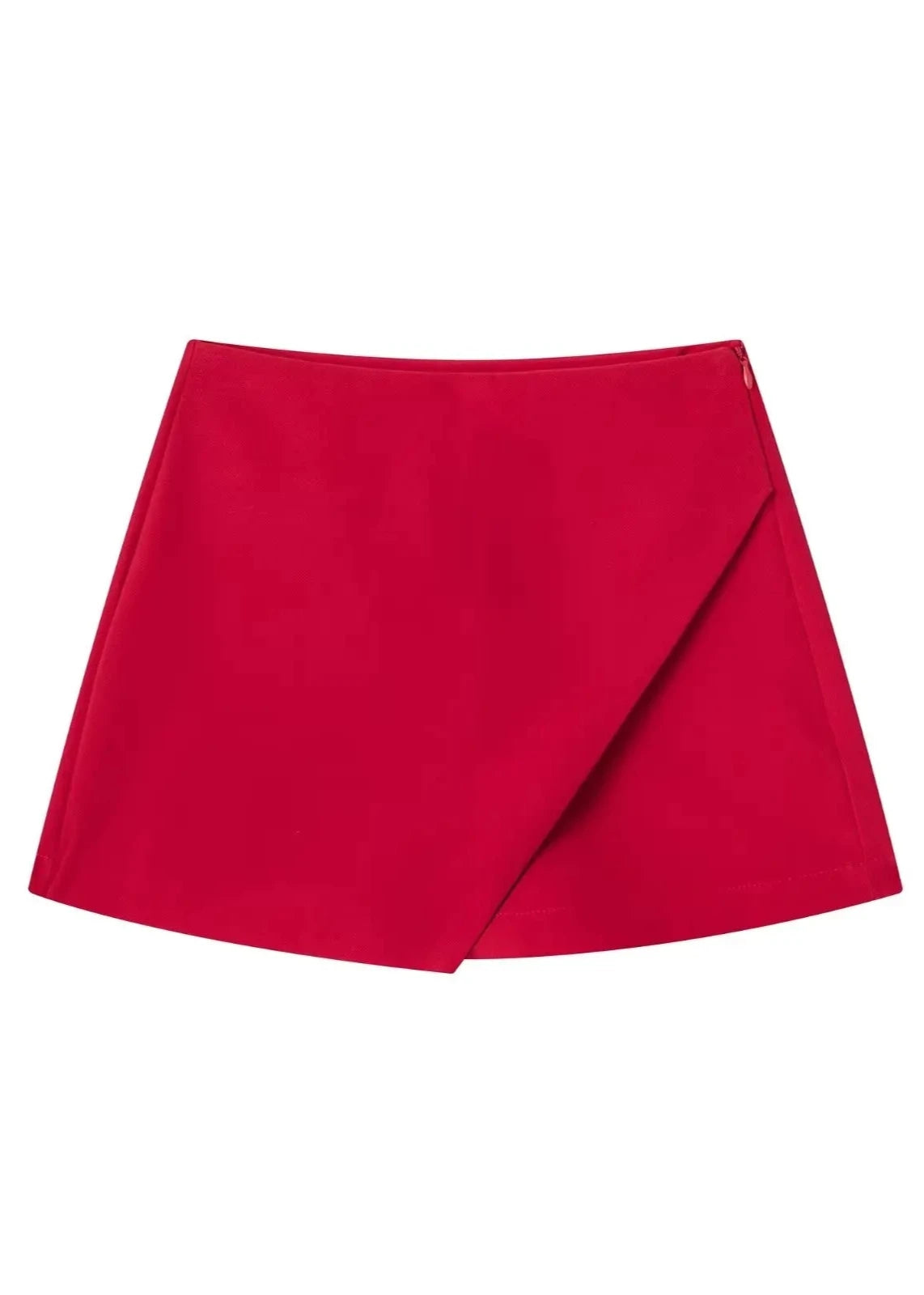 Red asymmetrical high-waist skort, a striking and elegant choice for festive occasions.