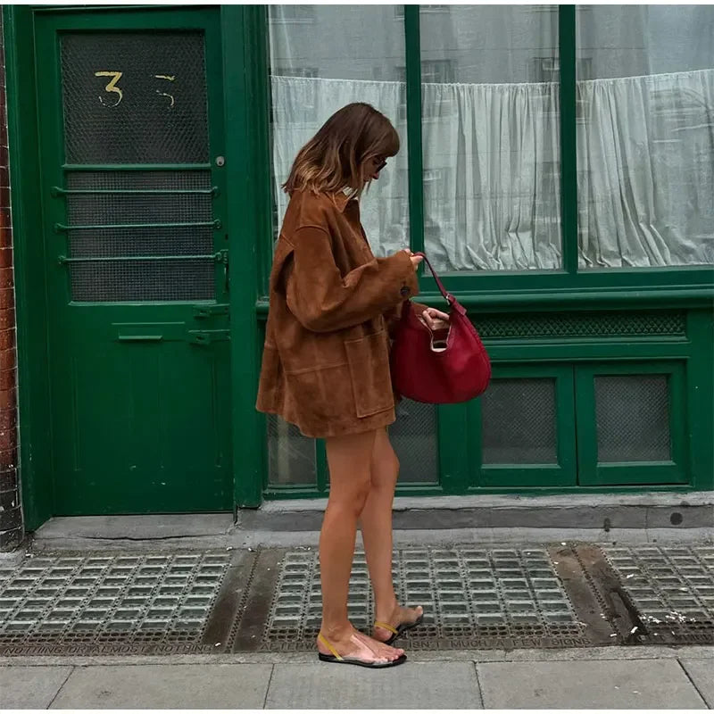 Casual and stylish brown suede jacket with a relaxed fit, perfect for versatile fall outfits.