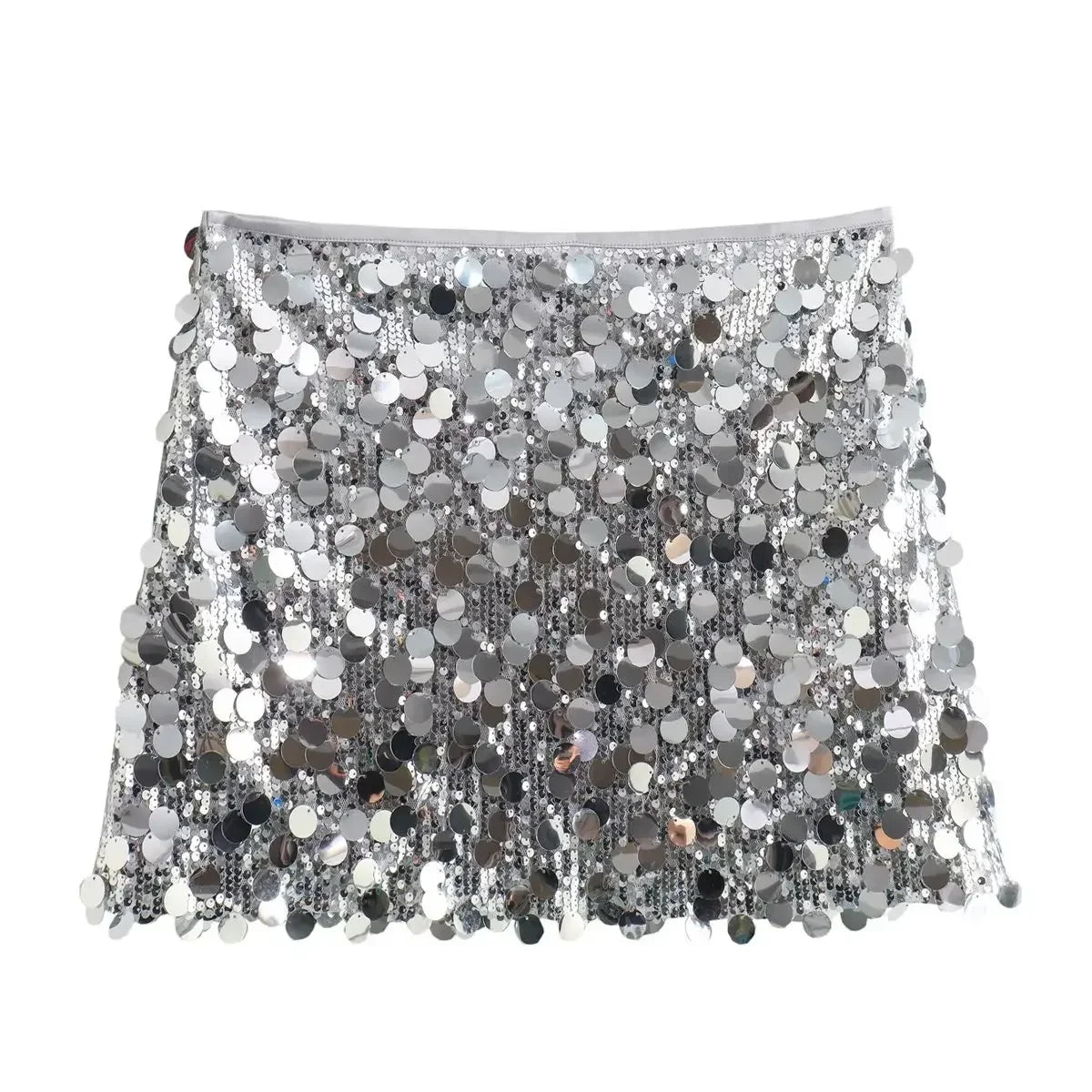 Silver sequined mini skirt showcasing the shimmering A-line design for festive celebrations.