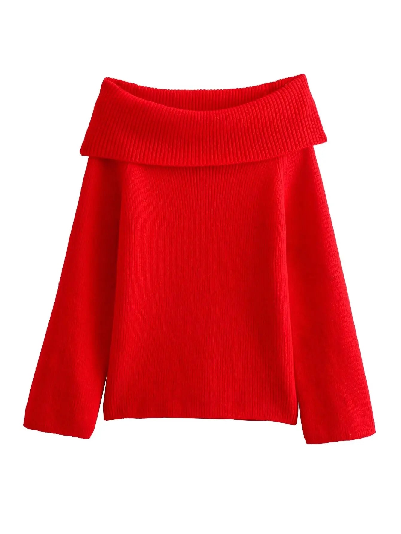 Stylish red off-shoulder knitted sweater, ideal for adding warmth and elegance