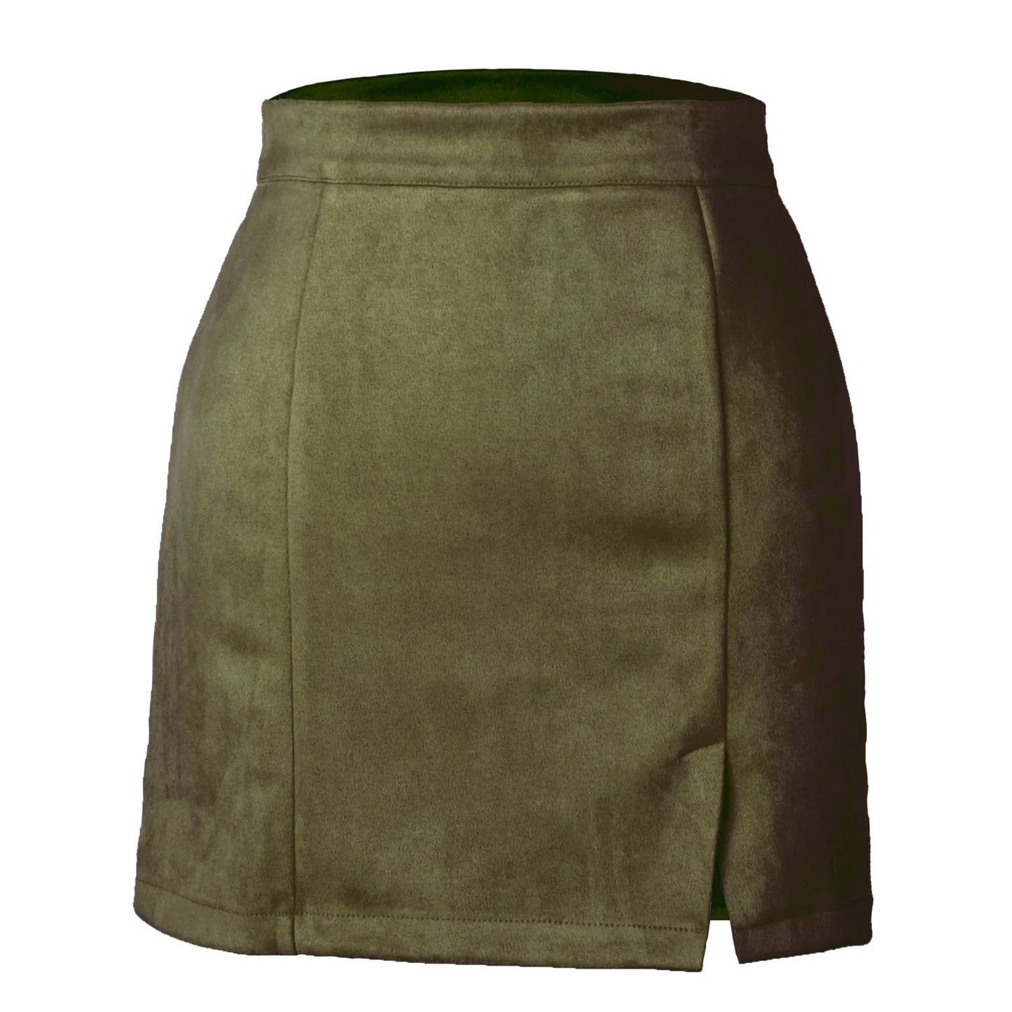 Modern green high-waist suede mini skirt, a statement piece for stylish ensembles.