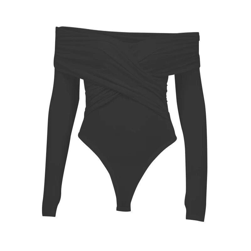 Trendy black off-shoulder corset bodysuit, a staple piece for bold and confident outfits.