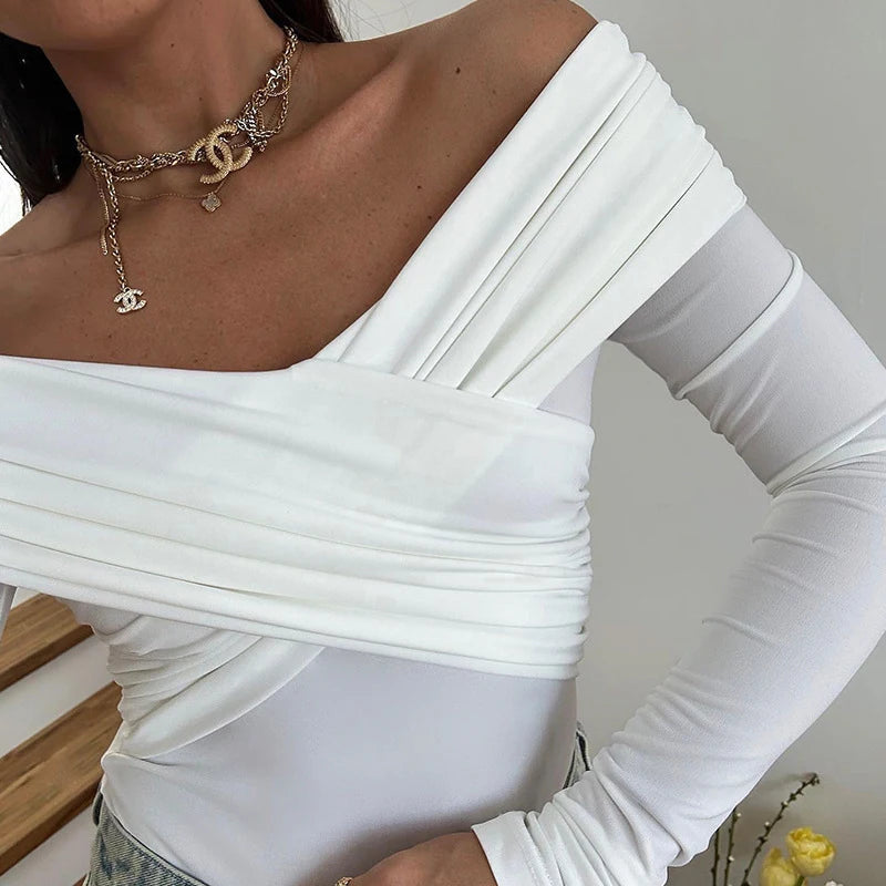 white corset bodysuit with an off-shoulder design, versatile for stylish occasions.