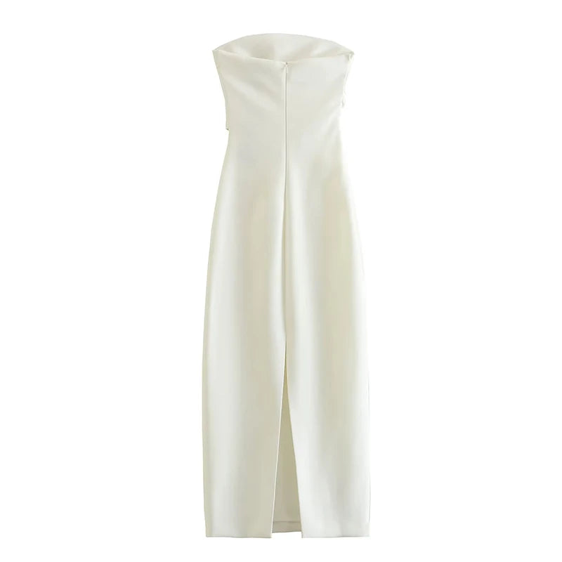 Chic white midi dress, strapless design with delicate waist folds for festive occasions.