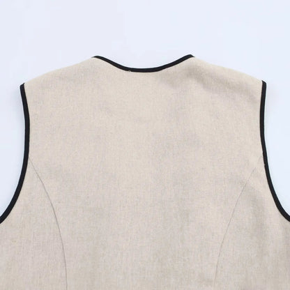 Beige Sleeveless V-Neck Belted Midi Dress LAPANIA