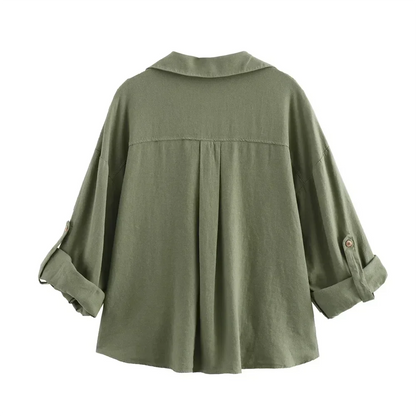Green Casual Lapel Top with Knot Detail LAPANIA