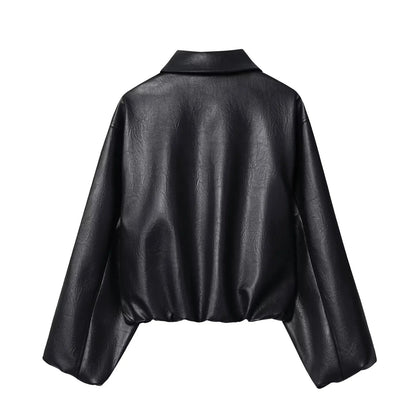 Faux Leather Bomber Jacket with Turn-Down Collar LAPANIA