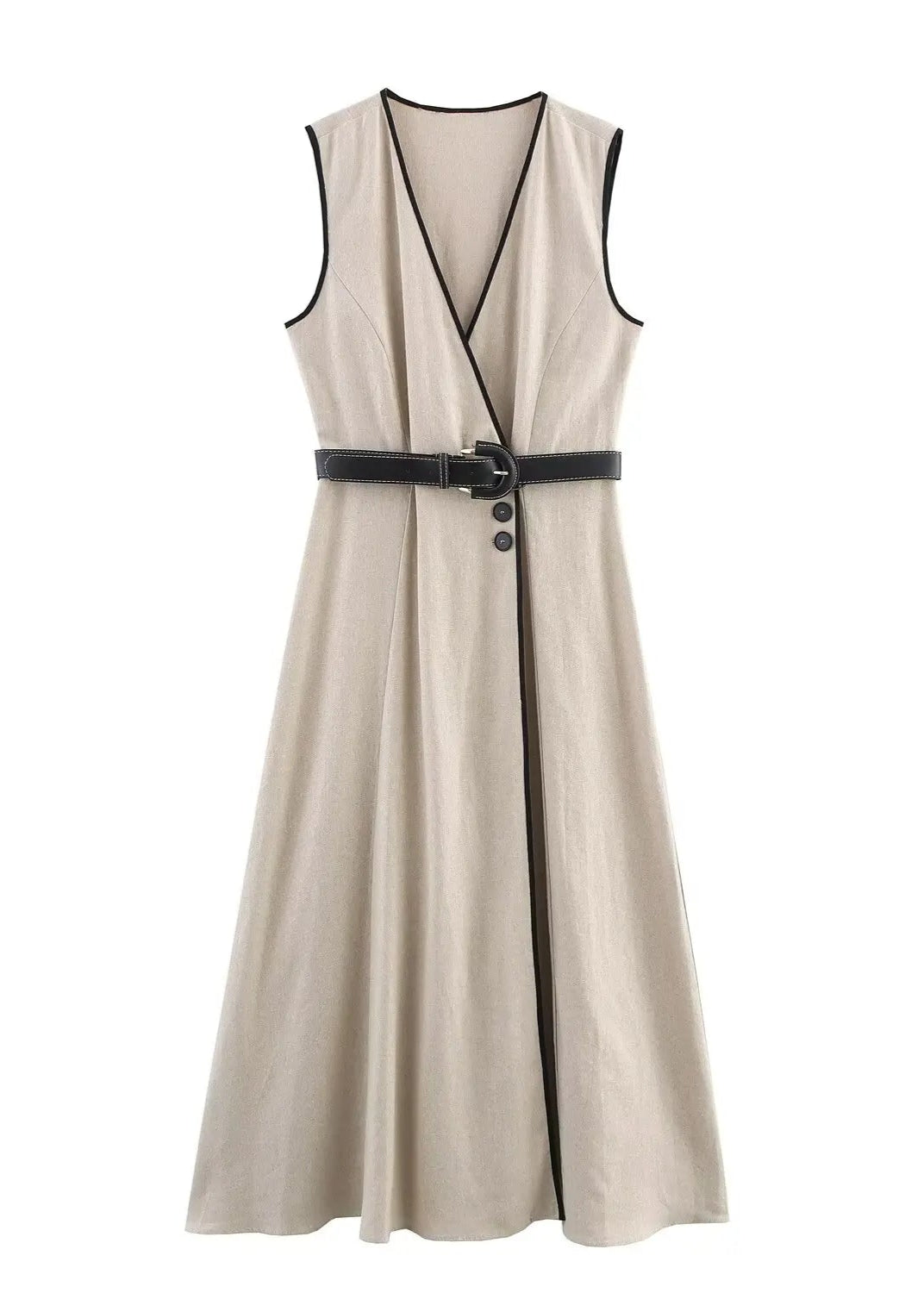 Beige Sleeveless V-Neck Belted Midi Dress LAPANIA
