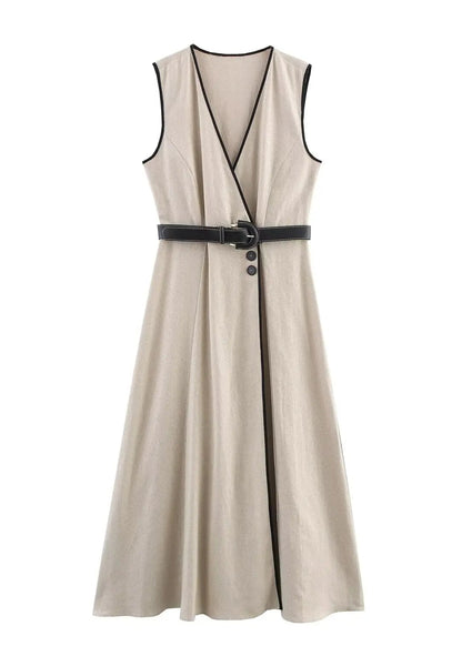 Beige Sleeveless V-Neck Belted Midi Dress LAPANIA