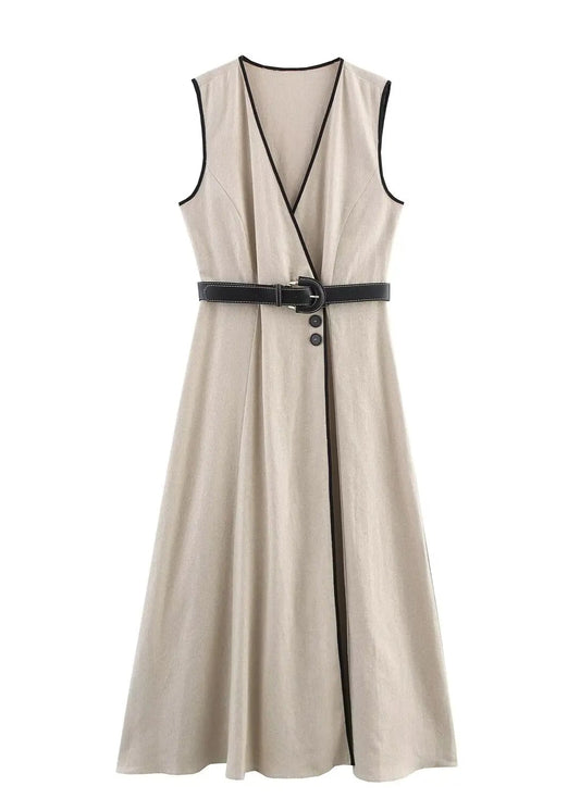 Beige Sleeveless V-Neck Belted Midi Dress LAPANIA