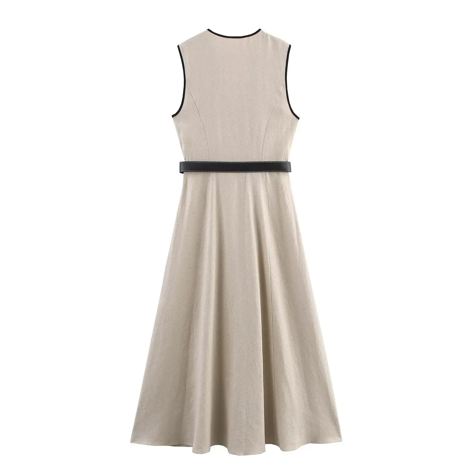 Beige Sleeveless V-Neck Belted Midi Dress LAPANIA