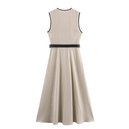 Beige Sleeveless V-Neck Belted Midi Dress LAPANIA