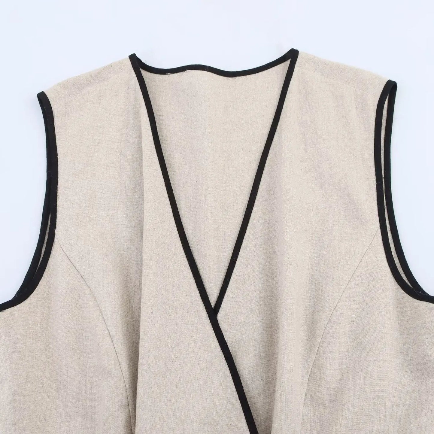 Beige Sleeveless V-Neck Belted Midi Dress LAPANIA