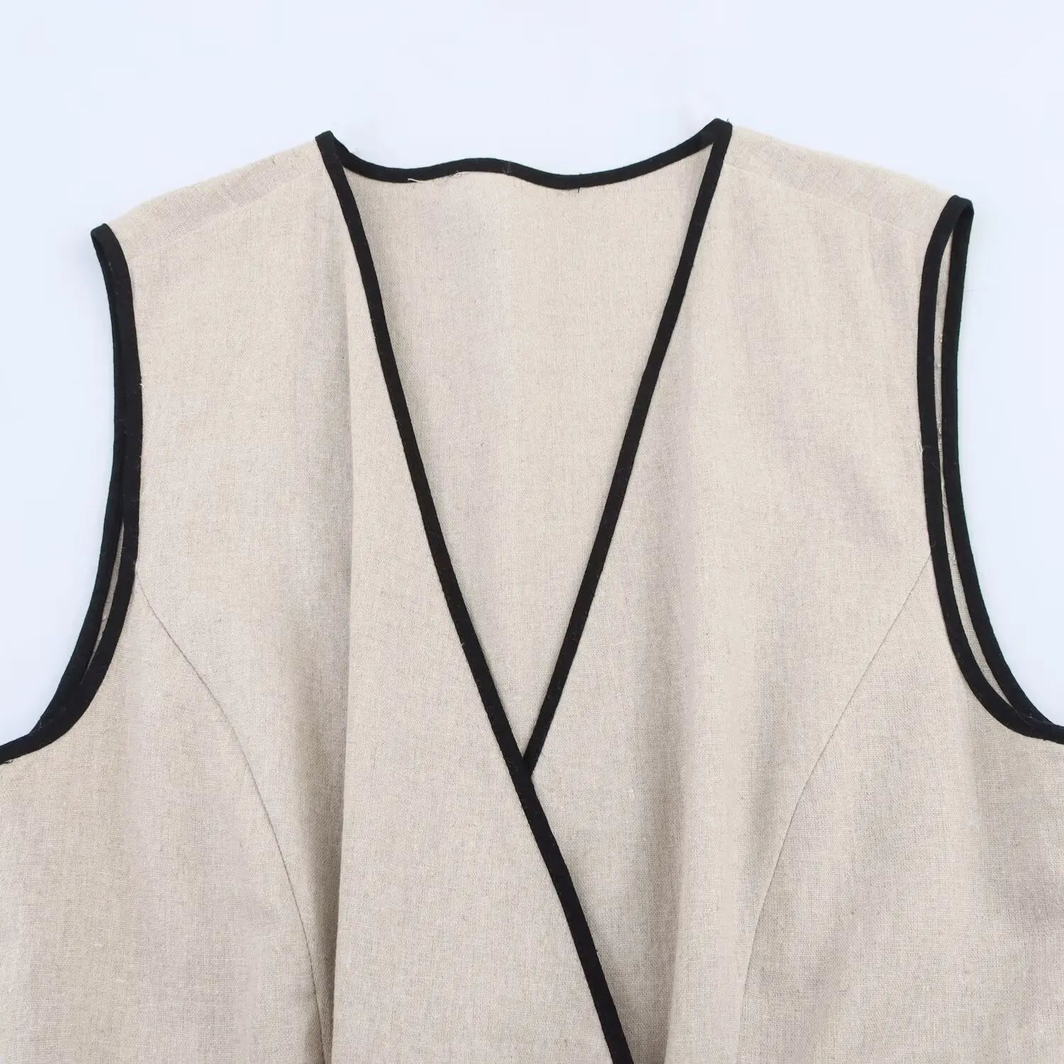Beige Sleeveless V-Neck Belted Midi Dress LAPANIA