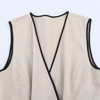 Beige Sleeveless V-Neck Belted Midi Dress LAPANIA