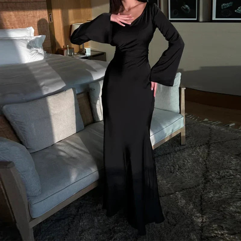 Back Lace-Up Maxi Dress with Flared Sleeves