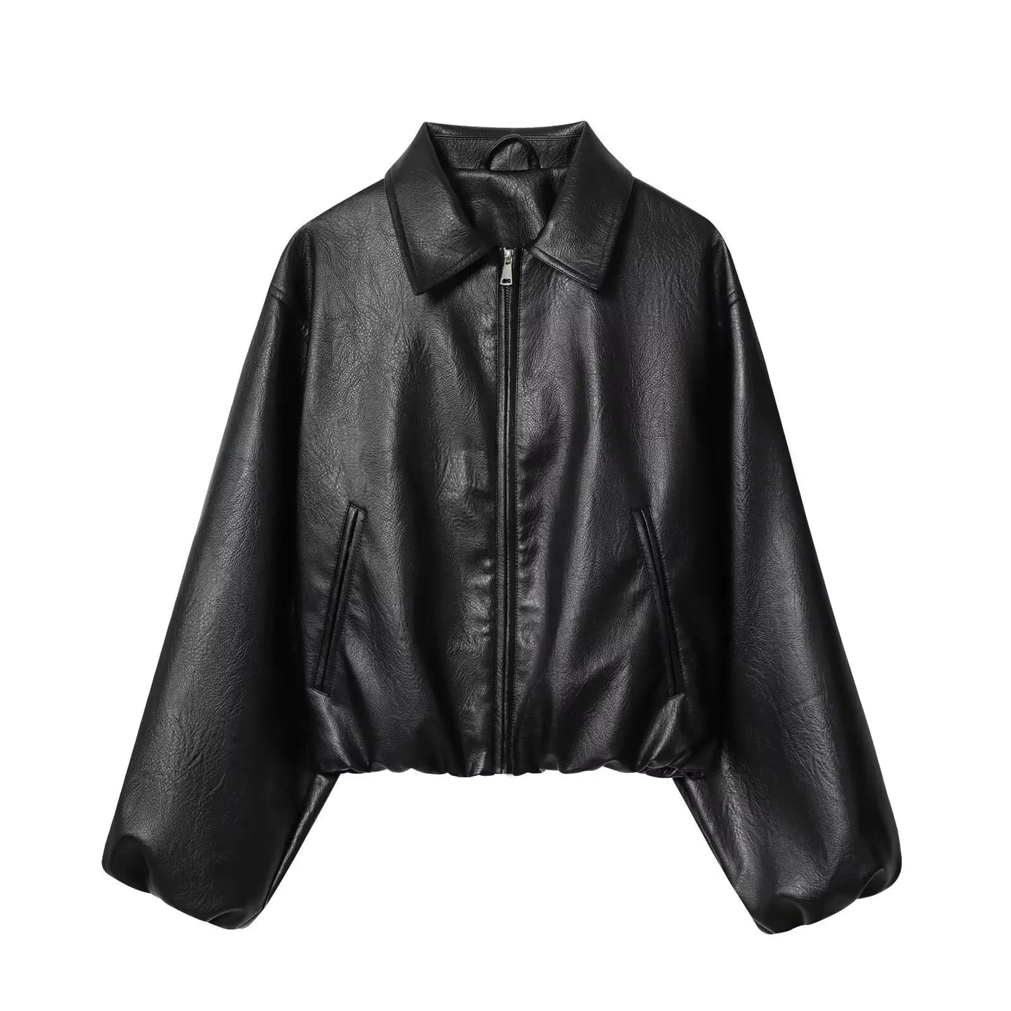 Faux Leather Bomber Jacket with Turn-Down Collar LAPANIA