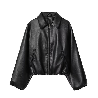 Faux Leather Bomber Jacket with Turn-Down Collar LAPANIA