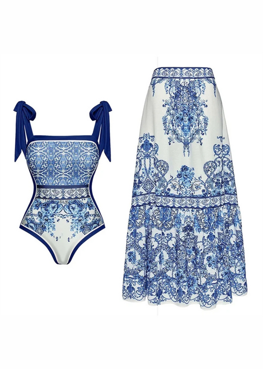 Blue Tile Print Swimsuit with Skirt Cover-Up