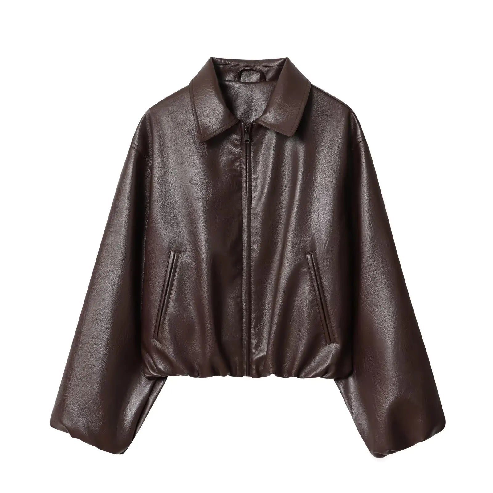 Faux Leather Bomber Jacket with Turn-Down Collar LAPANIA