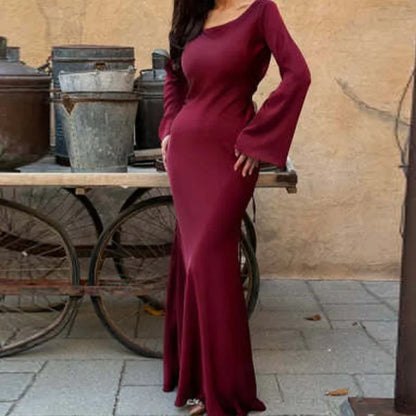 Back Lace-Up Maxi Dress with Flared Sleeves