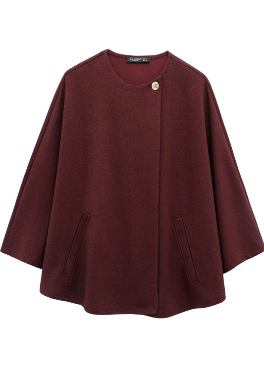 Burgundy Cape-Style Jacket with Single Button LAPANIA