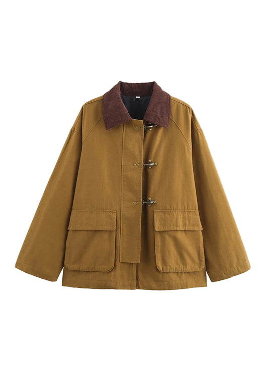 Camel Retro Patchwork Jacket with Contrasting Lapel LAPANIA
