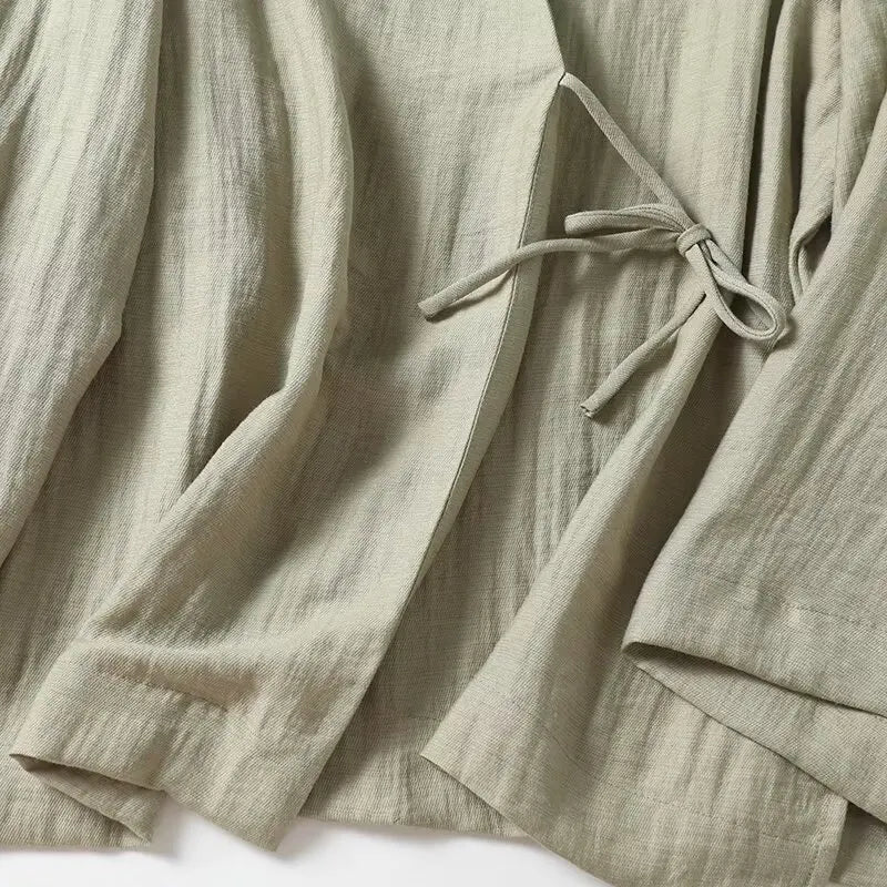 Light Green Cross-Over Blouse with Lace-Up Straps LAPANIA