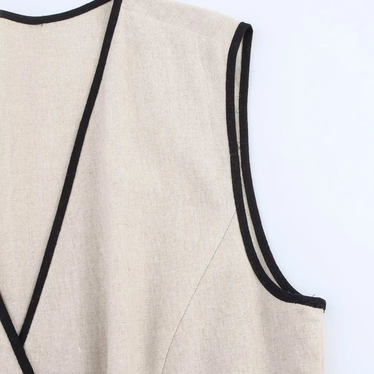 Beige Sleeveless V-Neck Belted Midi Dress LAPANIA