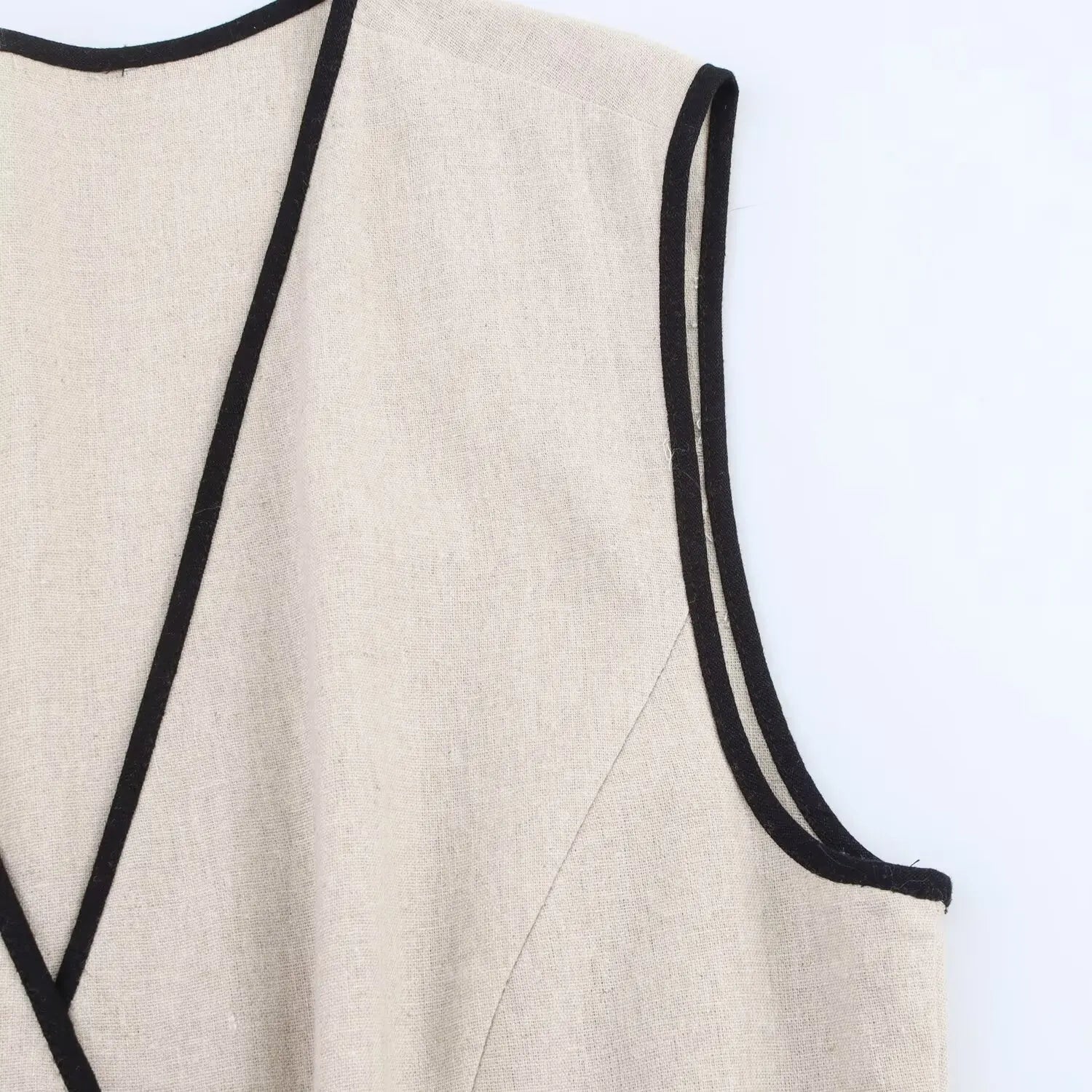 Beige Sleeveless V-Neck Belted Midi Dress LAPANIA