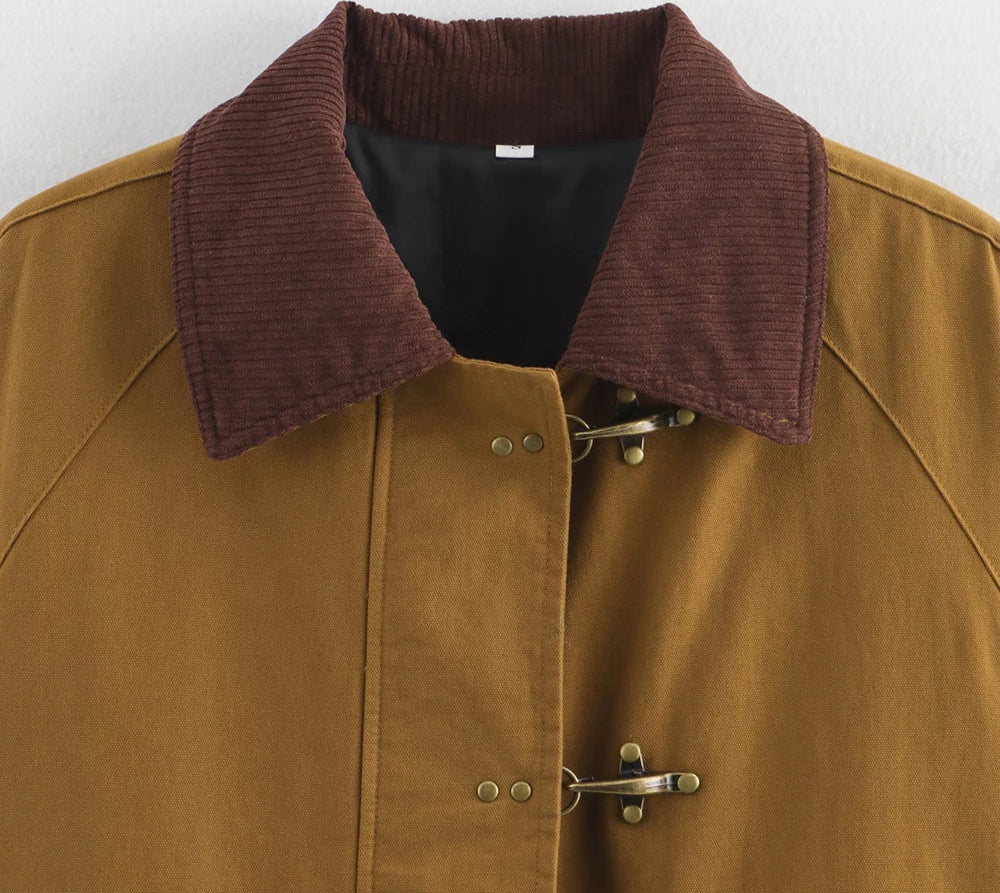 Camel Retro Patchwork Jacket with Contrasting Lapel LAPANIA