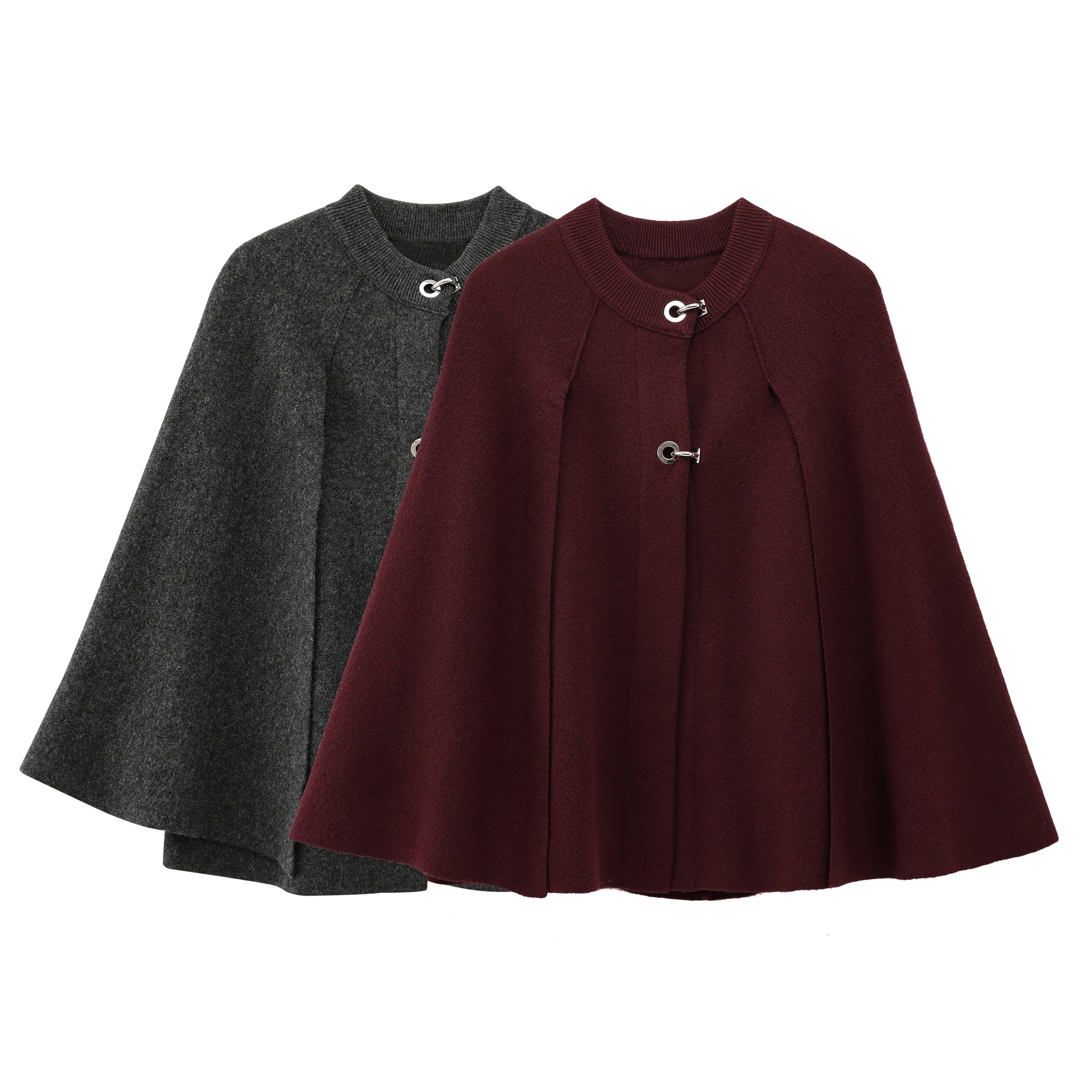 Two capes, one gray and one burgundy, on a white background