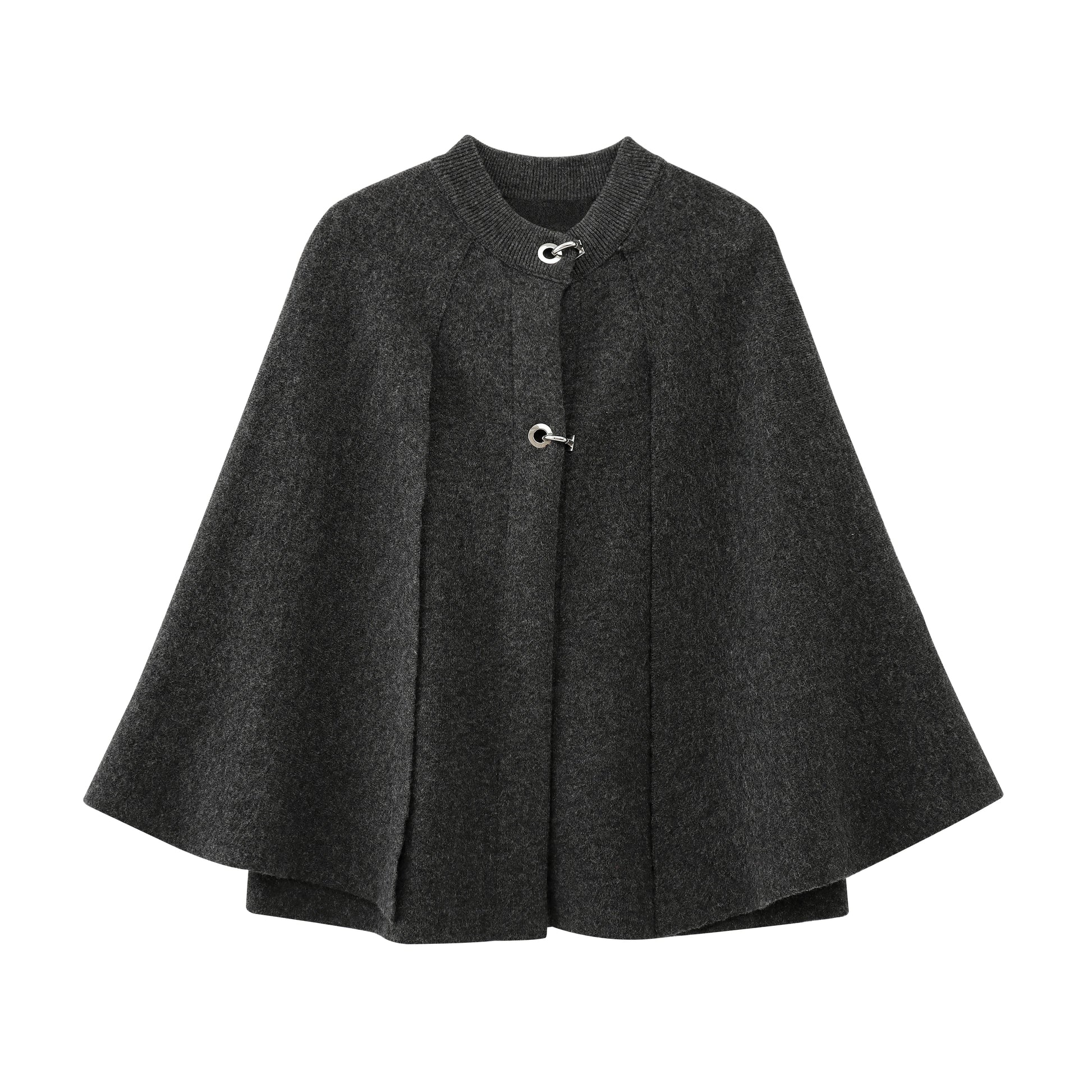 Dark gray cape with button details on a white background