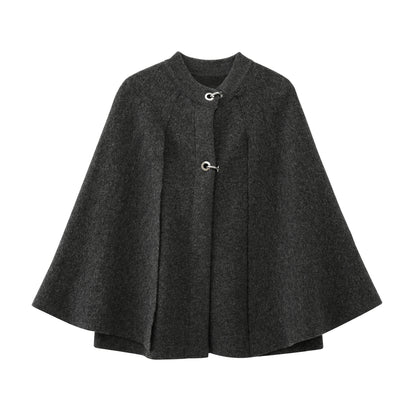 Dark gray cape with button details on a white background
