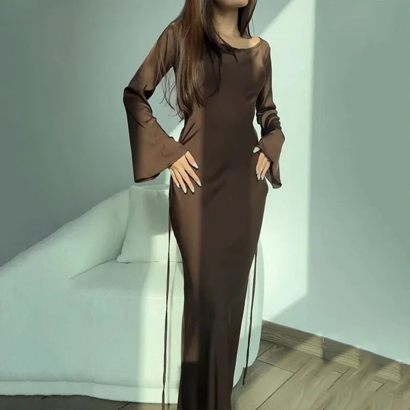 Back Lace-Up Maxi Dress with Flared Sleeves