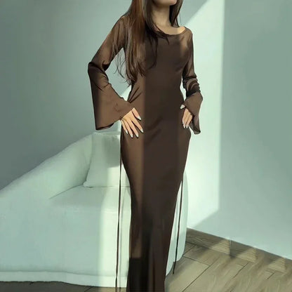 Back Lace-Up Maxi Dress with Flared Sleeves