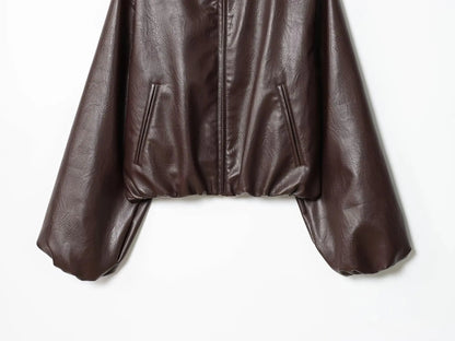 Faux Leather Bomber Jacket with Turn-Down Collar LAPANIA