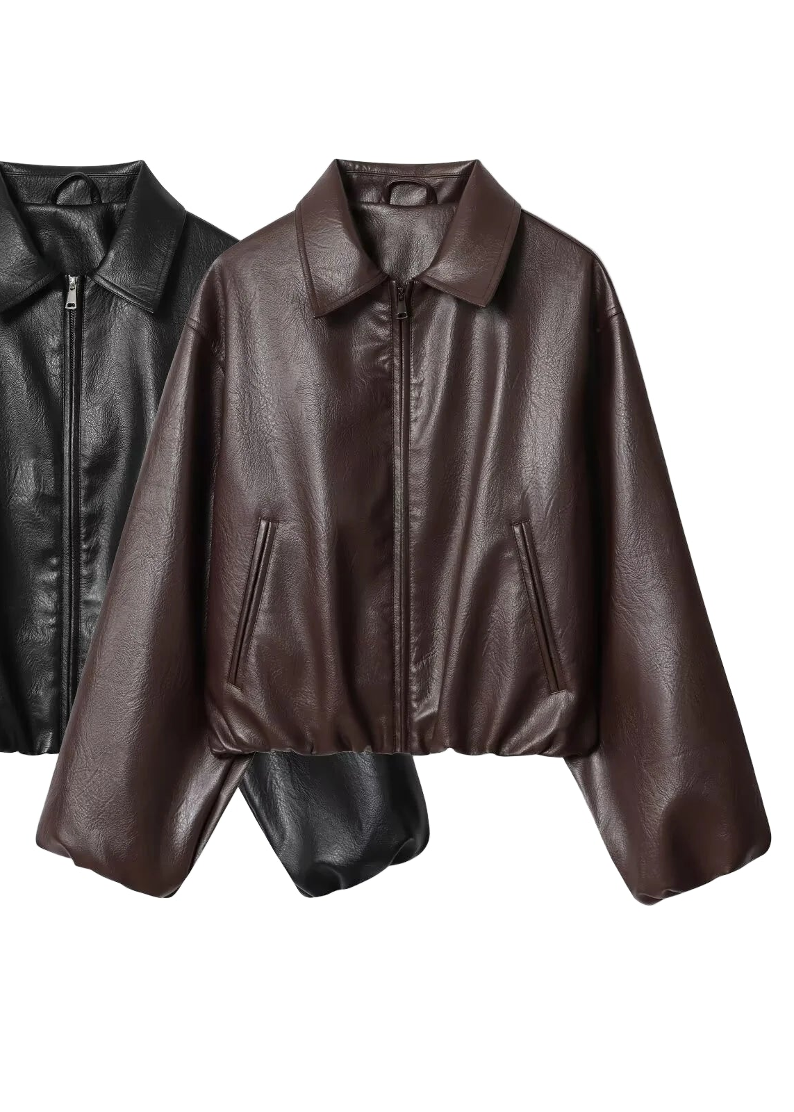 Faux Leather Bomber Jacket with Turn-Down Collar LAPANIA
