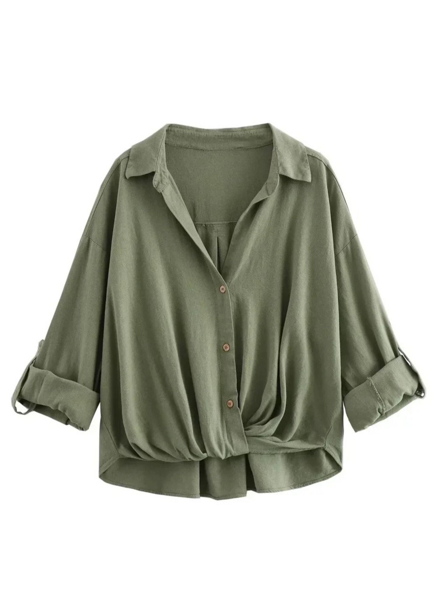 Green button-up shirt with rolled-up sleeves on a white background