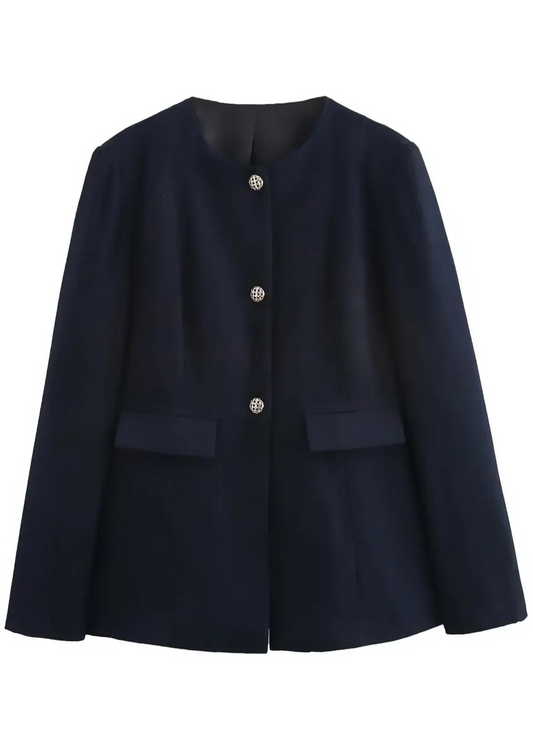 Navy blue jacket with three buttons on a white background